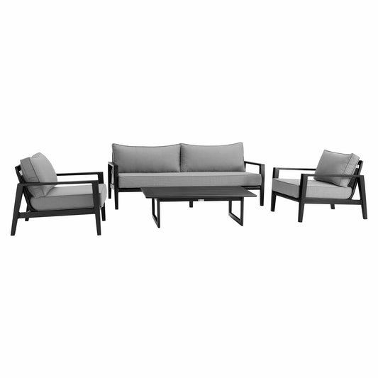 Armen Living Conversation Set Armen Living | Cayman 4 Piece Black Aluminum Outdoor Seating Set with Dark Gray Cushions | SETODCMBL