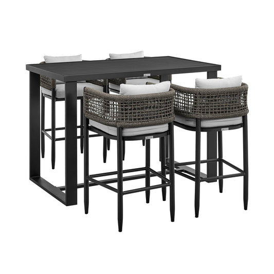 Armen Living Outdoor Bar Set Armen Living | Alegria Outdoor Patio 5-Piece Bar Table Set in Aluminum with Grey Rope and Cushions | SETODAFBL30