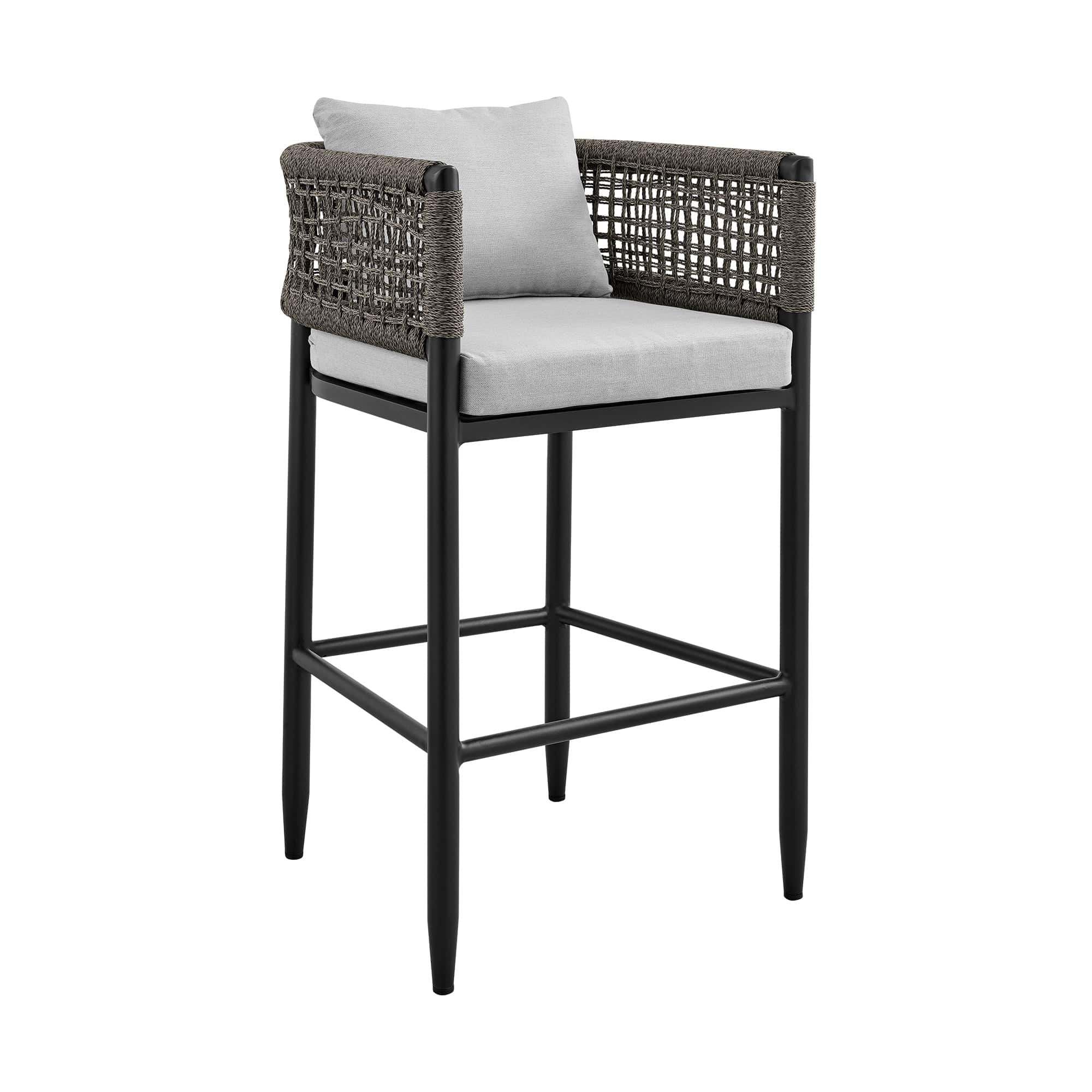 Armen Living Outdoor Bar Stool Armen Living | Alegria Outdoor Patio Counter Height Bar Stool in Aluminum with Grey Rope and Cushions | LCAFBABL26