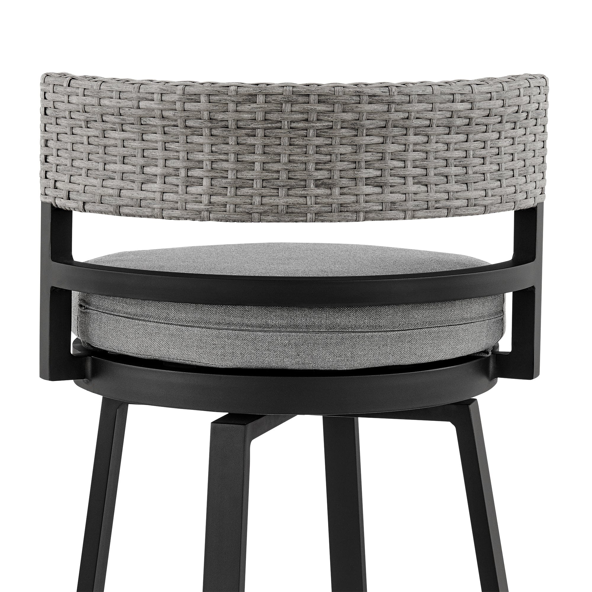 Armen Living Outdoor Bar Stool Armen Living | Encinitas Outdoor Patio Counter Height Swivel Bar Stool in Aluminum and Wicker with Grey Cushions | LCECBAGR26