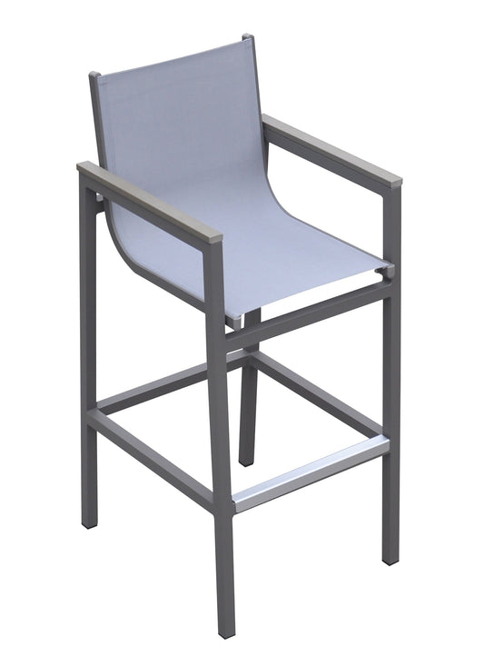 Armen Living Outdoor Barstool Armen Living | Marina Outdoor Patio Barstool in Grey Powder Coated Finish with Grey Sling Textilene and Grey Wood Accent Arms | LCMABAGR