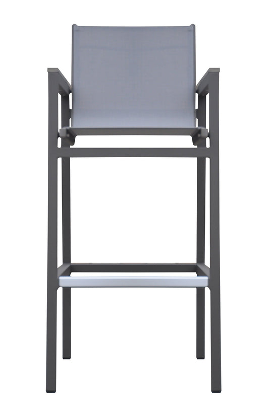 Armen Living Outdoor Barstool Armen Living | Marina Outdoor Patio Barstool in Grey Powder Coated Finish with Grey Sling Textilene and Grey Wood Accent Arms | LCMABAGR