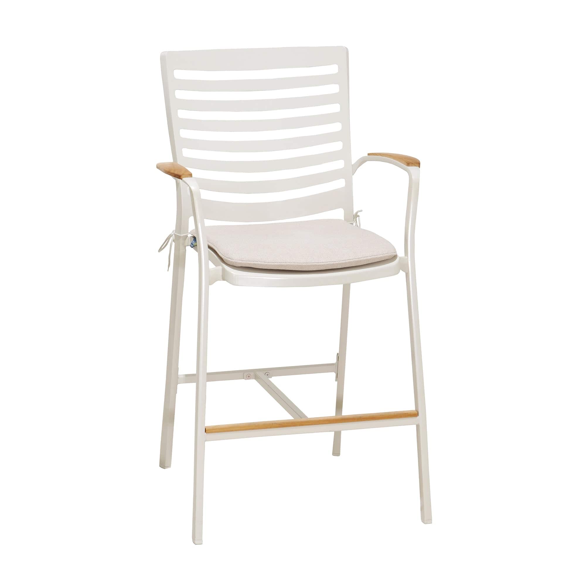 Armen Living Outdoor Barstool Armen Living | Portals Outdoor Patio Aluminum Barstool in Light Matte Sand with Natural Teak Wood Accent | LCPLBAWH