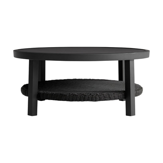 Armen Living Outdoor Coffee Table Armen Living | Cayman Black Aluminum Outdoor Round Conversation Table with Wicker Shelf | LCODCMCOBL
