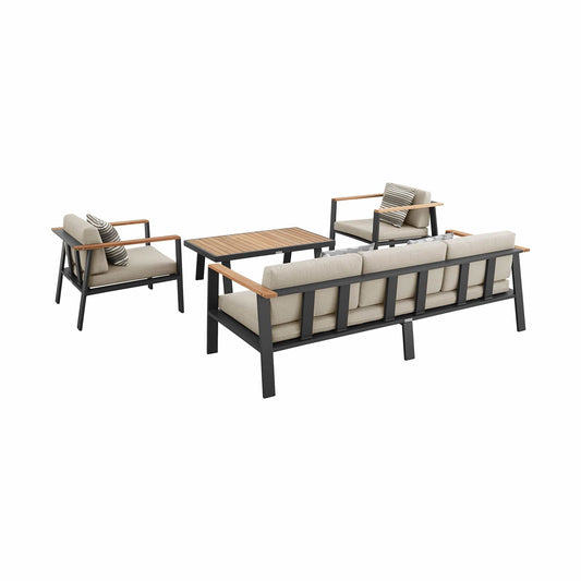 Armen Living Outdoor Conversation Set Armen Living | Nofi 4 piece Outdoor Patio Set in Charcoal Finish with Taupe Cushions and Teak Wood | SETODNOBE