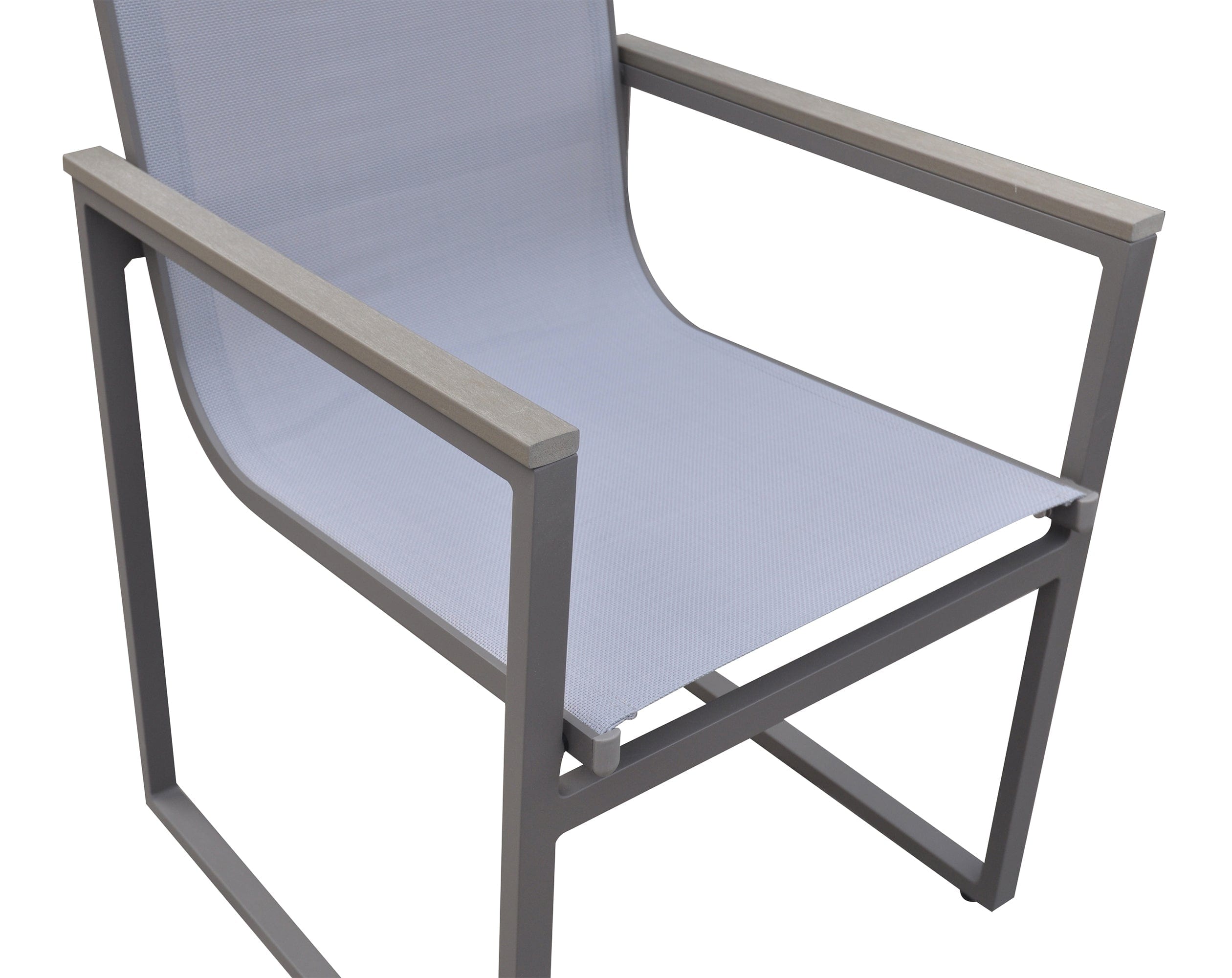 Armen Living Outdoor Dining Chair Armen Living | Bistro Outdoor Patio Dining Chair in Grey Powder Coated Finish with Grey Sling Textilene and Grey Wood Accent Arms  - Set of 2 | LCBICHGR