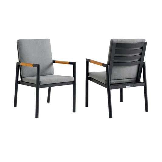 Armen Living Outdoor Dining Chair Armen Living | Crown Black Aluminum and Teak Outdoor Dining Chair with Dark Gray Fabric - Set of 2 | LCCRCHBL