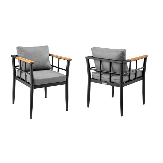 Armen Living Outdoor Dining Chair Armen Living | Ezra Outdoor Patio Dining Chair in Aluminum and Teak with Grey Cushions – Set of 2 | LCEZCHBL
