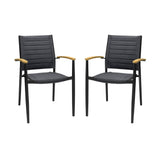 Armen Living Outdoor Dining Chair Armen Living | Portals Outdoor Black Aluminum Stacking Dining Chair with Teak Arms - Set of 2 | LCPDCHBLACK