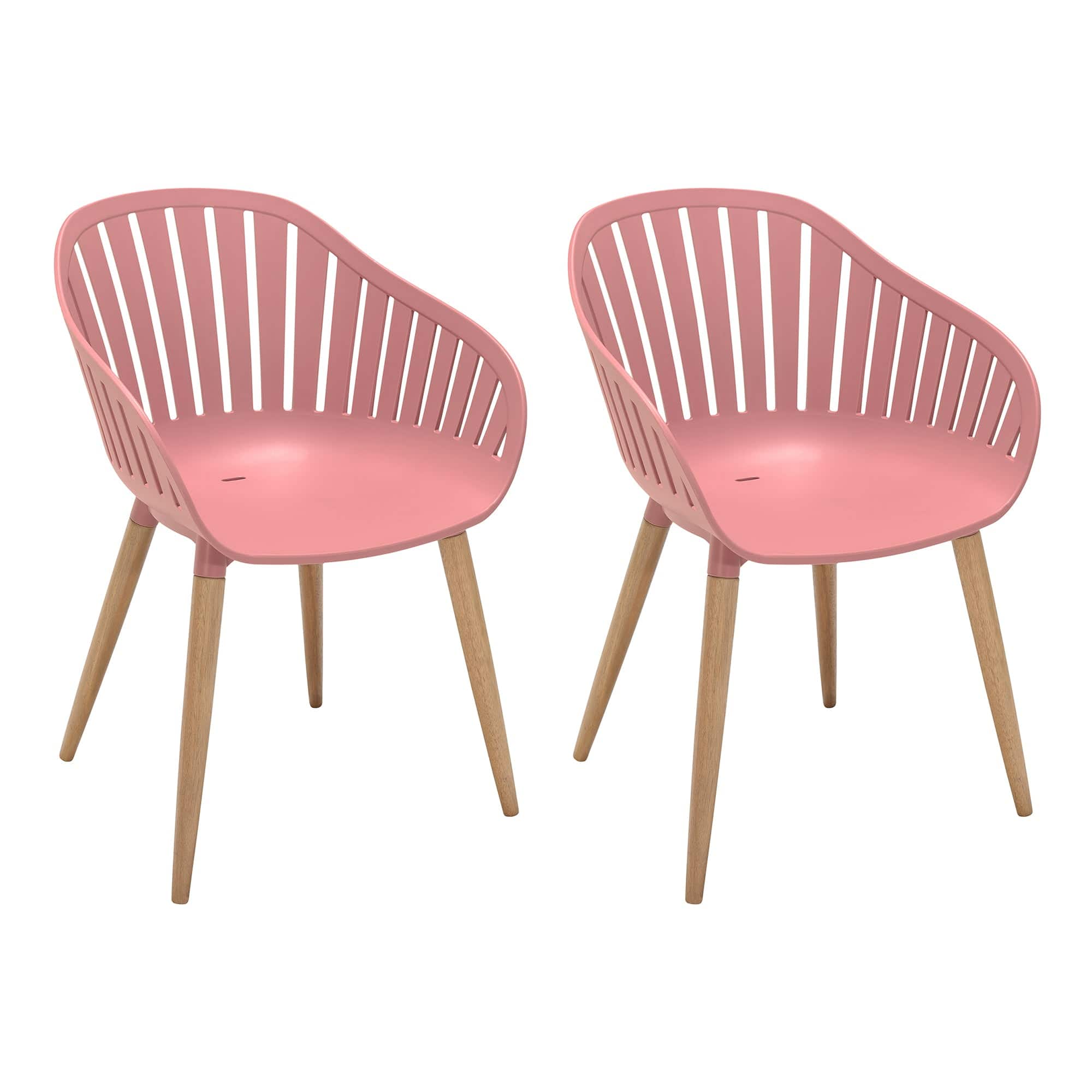 Armen Living Outdoor Dining Chair Pink Peony Armen Living | Nassau Outdoor Arm Dining Chairs with Wood legs- Set of 2 | LCNACH