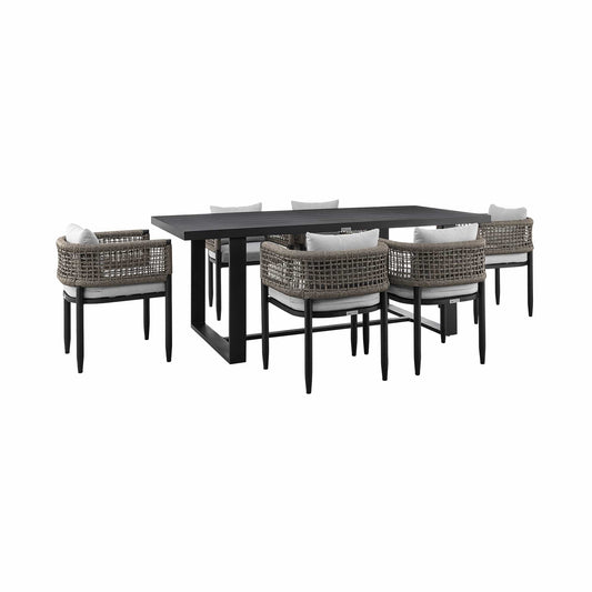 Armen Living Outdoor Dining Set Armen Living | Alegria Outdoor Patio 7-Piece Dining Table Set in Aluminum with Grey Rope and Cushions | SETODAL7BLDKGRY