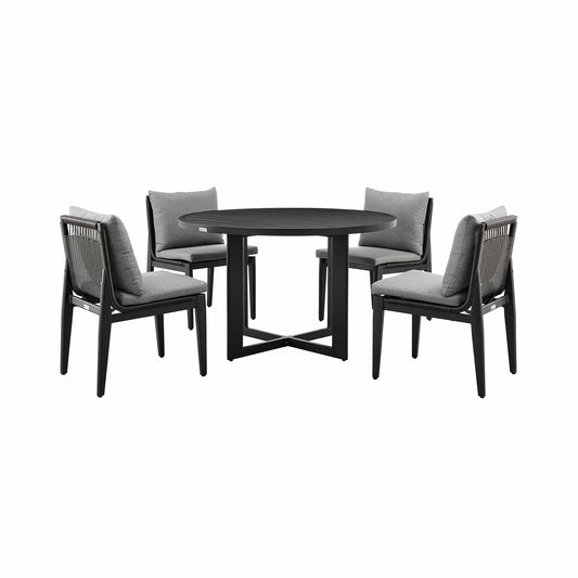 Armen Living Outdoor Dining Set Armen Living | Cayman Outdoor Patio 5-Piece Round Dining Table Set in Aluminum with Grey Cushions | SETODCA5RDBLGRY