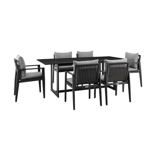 Armen Living Outdoor Dining Set Armen Living | Cayman Outdoor Patio 7-Piece Dining Table Set in Aluminum with Grey Cushions | SETODCA7BLGRY
