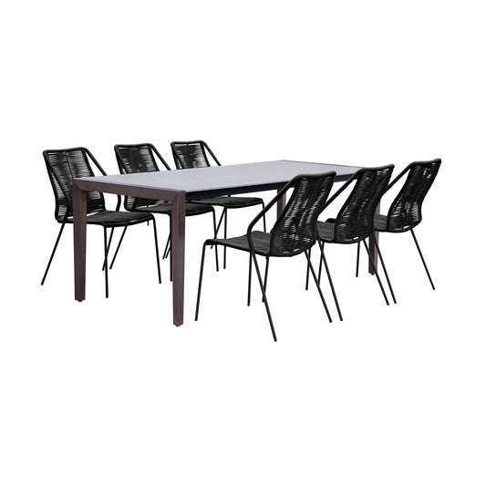 Armen Living Outdoor Dining Set Armen Living | Fineline and Clip Indoor Outdoor 7 Piece Dining Set in Dark Eucalyptus Wood with Superstone and Black Rope | SETFLDIDK7CPBL