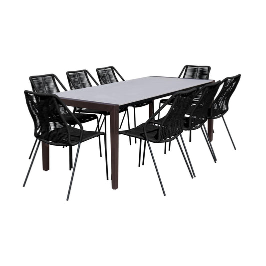 Armen Living Outdoor Dining Set Armen Living | Fineline and Clip Indoor Outdoor 9 Piece Dining Set in Dark Eucalyptus Wood with Superstone and Black Rope | SETFLDIDK9CPBL