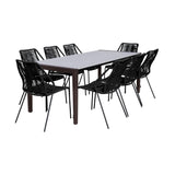 Armen Living Outdoor Dining Set Armen Living | Fineline and Clip Indoor Outdoor 9 Piece Dining Set in Dark Eucalyptus Wood with Superstone and Black Rope | SETFLDIDK9CPBL