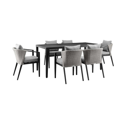 Armen Living Outdoor Dining Set Armen Living | Palma Outdoor Patio 7-Piece Dining Table Set in Aluminum and Wicker with Grey Cushions | SETODDIBL