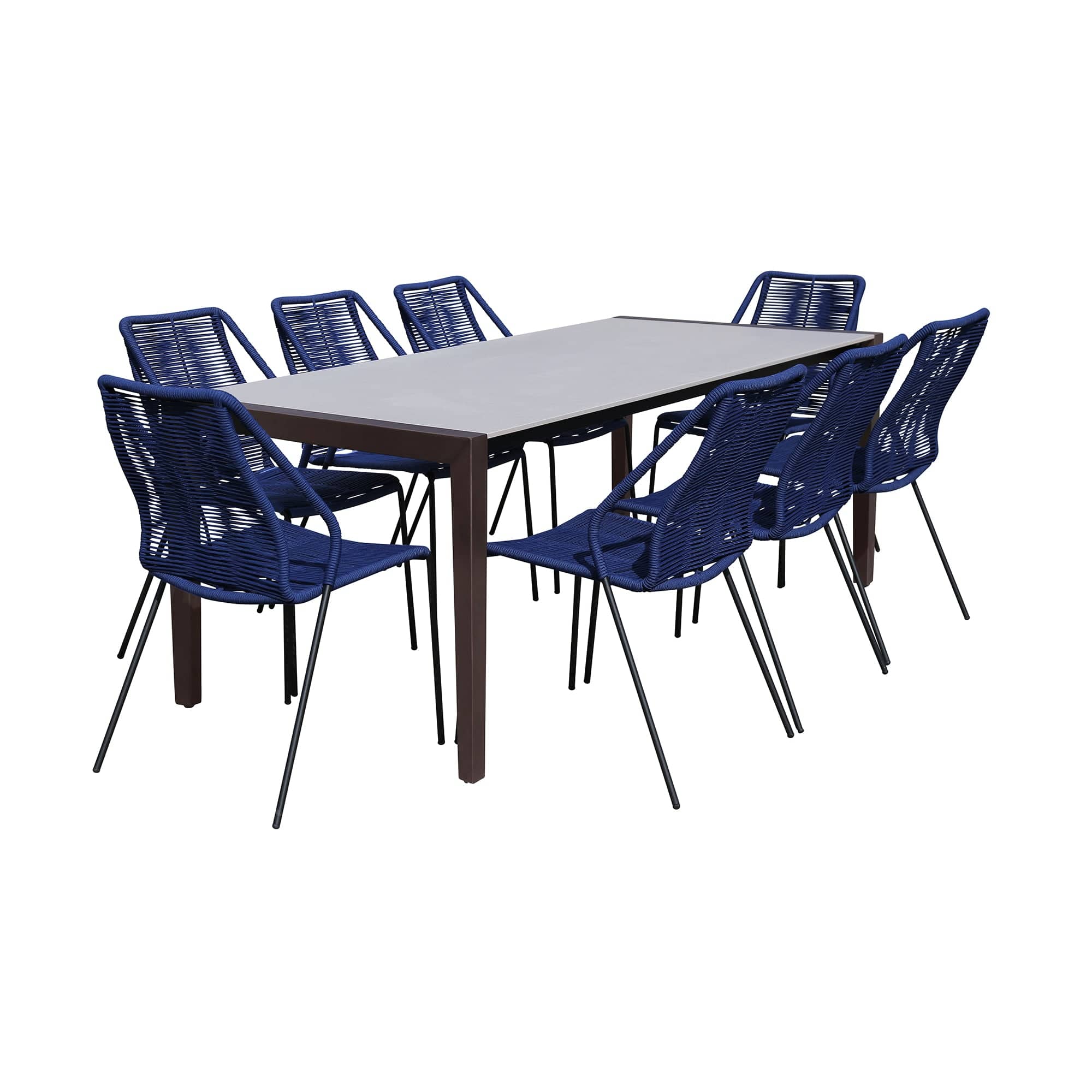 Armen Living Outdoor Dining Set Blue Rope Armen Living | Fineline and Clip Indoor Outdoor 9 Piece Dining Set in Dark Eucalyptus Wood with Superstone and Rope | SETFLDIDK9CP