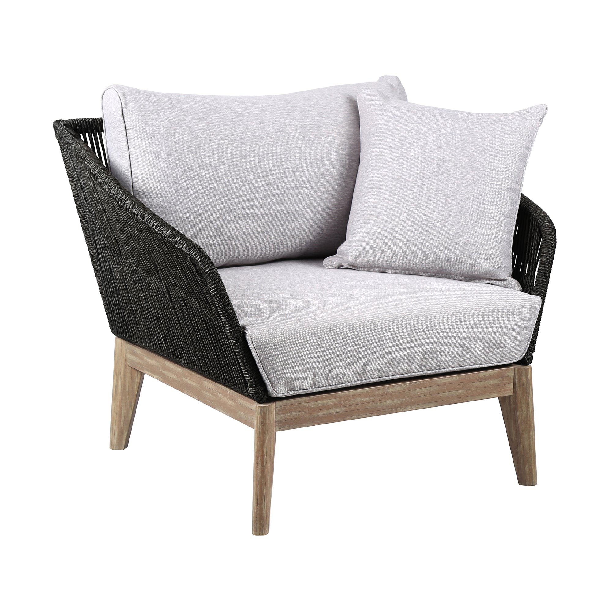 Armen Living Outdoor Lounge Chair Armen Living | Athos Indoor Outdoor Club Chair in Light/Dark Eucalyptus Wood with Latte Rope and Grey Cushions | LCATCHWD