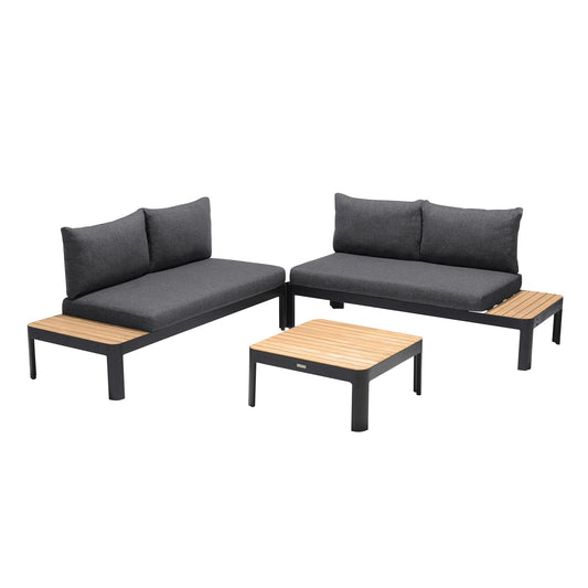 Armen Living Outdoor Sectional Armen Living | Portals Outdoor 3 Piece Sofa Set in Black Finish with Natural Teak Wood Top Accent | SETODPDK3AAB