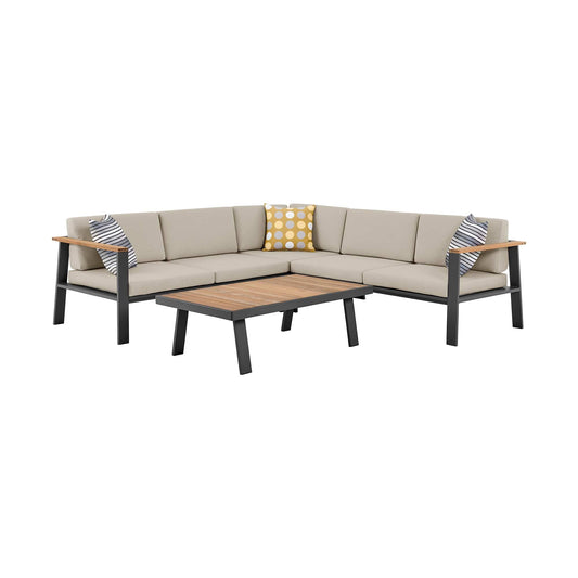 Armen Living Outdoor Sectional Set Armen Living | Nofi Outdoor Patio Sectional Set in Charcoal Finish with Taupe Cushions and Teak Wood  | SETODNOSEBE