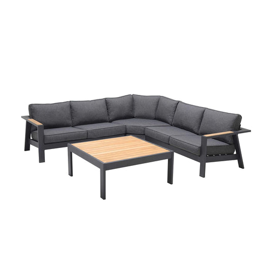 Armen Living Outdoor Set Armen Living | Palau 4 Piece Outdoor Sectional Set with Cushions in Dark Grey and Natural Teak Wood Accent | SETODPASE4GR
