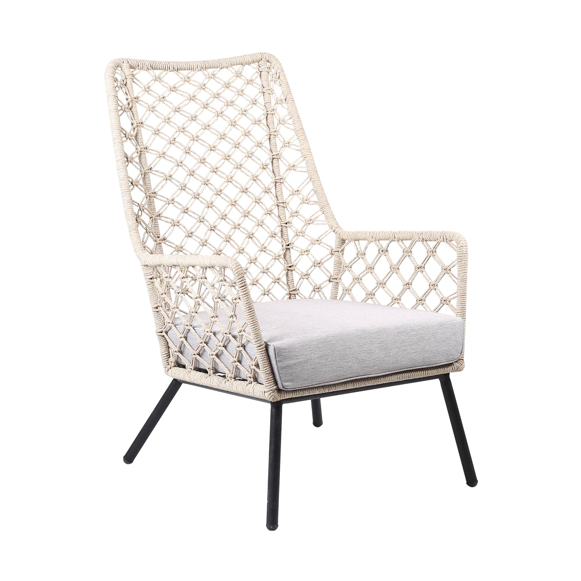 Armen Living Outdoor Side Chair Natural Springs Rope Armen Living | Marco Indoor Outdoor Steel Lounge Chair with Rope and Grey Cushion | LCMPCHGRY