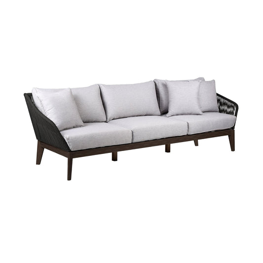 Armen Living Outdoor Sofa Armen Living | Athos Indoor Outdoor 3 Seater Sofa in Dark Eucalyptus Wood with Latte Rope and Grey Cushions | LCATSOWDDK