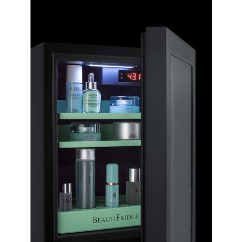 BEAUTIFRIDGE All-Refrigerators BeautiFridge 14" 0.85 cu.ft. Black with Glossy Mint Green Trays & Glass Door Cosmetics Refrigerator
