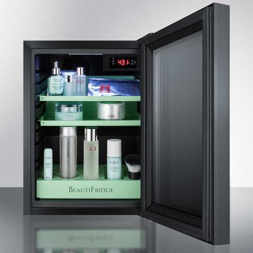 BEAUTIFRIDGE All-Refrigerators BeautiFridge 14" 0.85 cu.ft. Black with Glossy Mint Green Trays & Mirror-Tinted Glass Door Cosmetics Refrigerator