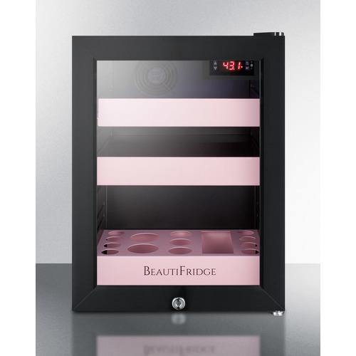 BEAUTIFRIDGE All-Refrigerators BeautiFridge 14" 0.85 cu.ft. Black with Matte Blush Pink Trays & Glass Door Cosmetics Refrigerator
