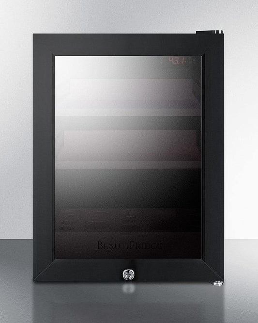 BEAUTIFRIDGE All-Refrigerators BeautiFridge 14" 0.85 cu.ft. Black with Matte Blush Pink Trays & Mirror-Tinted Glass Door Cosmetics Refrigerator