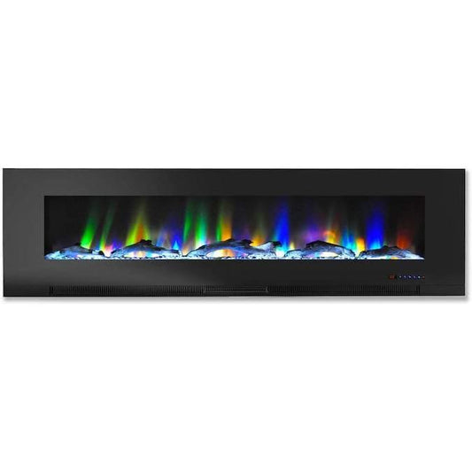 Cambridge Electric Wall-hung Fireplaces Black Cambridge 60 In. Wall-Mount Electric Fireplace in Black with Multi-Color Flames and Driftwood Log Display,