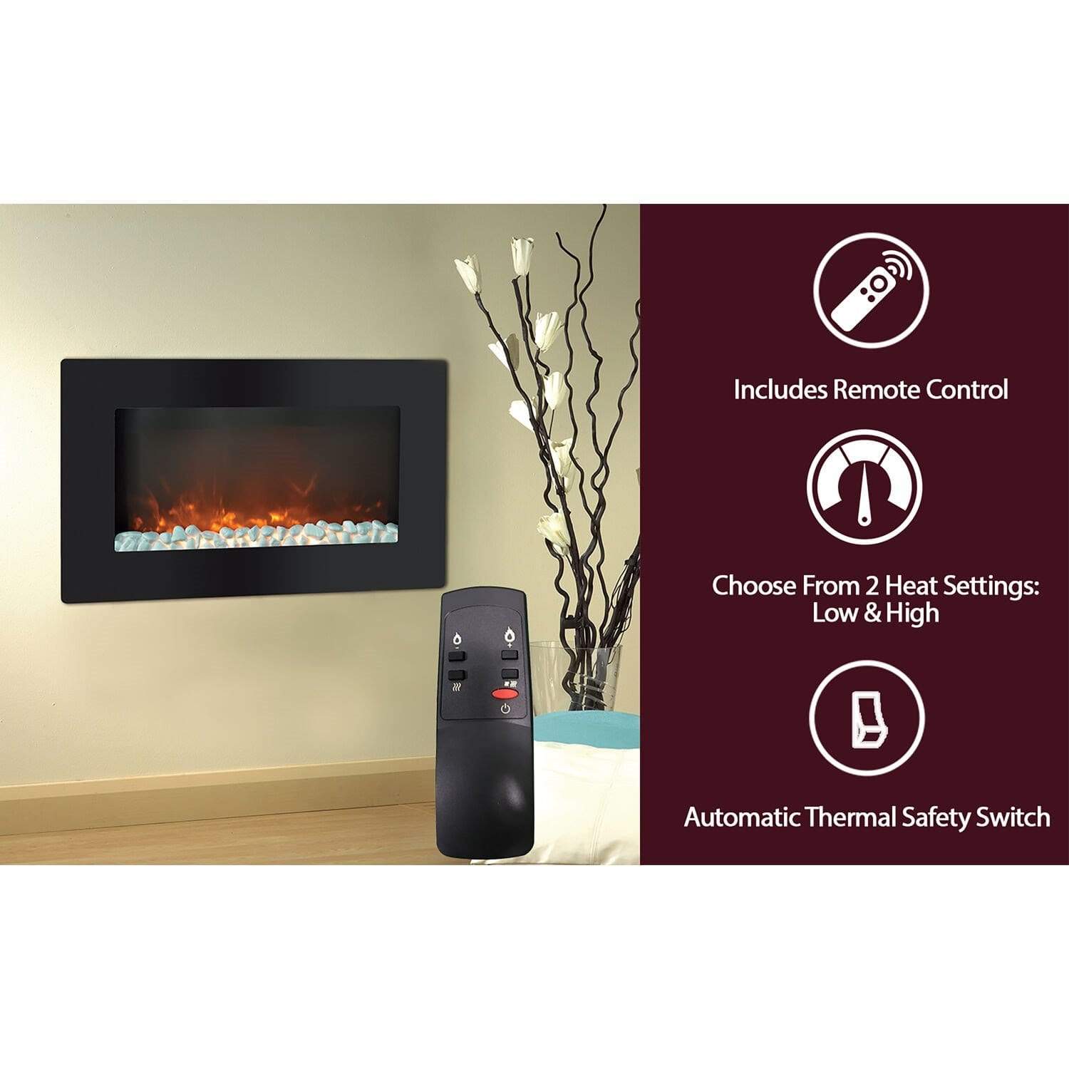 Cambridge Electric Wall-hung Fireplaces Cambridge 30-In. Callisto Wall Mount Electric Fireplace with Crystal Display, Timer, and Remote, Black