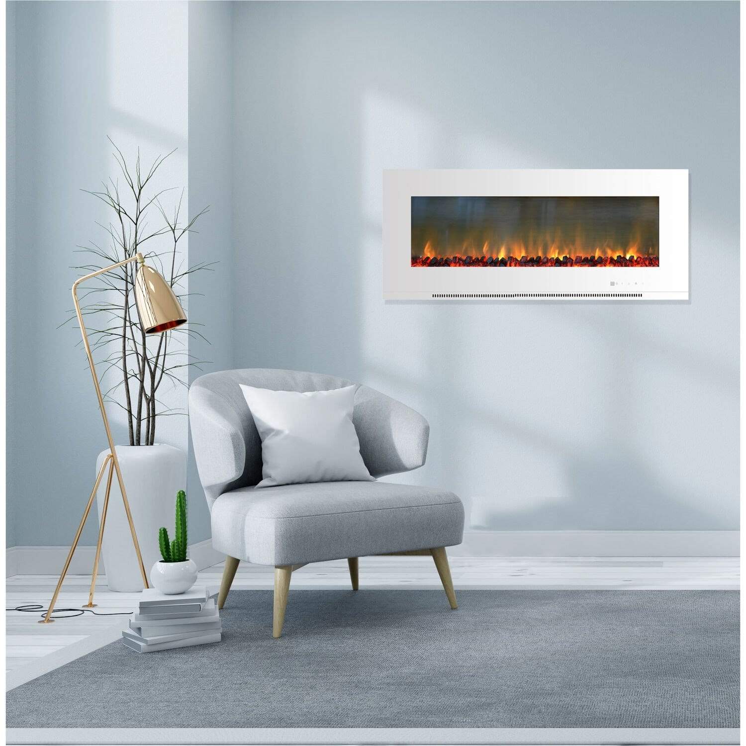 Cambridge Electric Wall-hung Fireplaces Cambridge 56-In. Metropolitan Wall-Mount Electric Fireplace in White with Burning Log Display