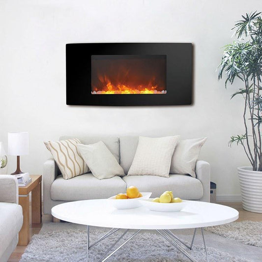 Cambridge Electric Wall-hung Fireplaces Cambridge Callisto 35 In. Wall-Mount Electric Fireplace with Curved Panel and Crystal Rocks