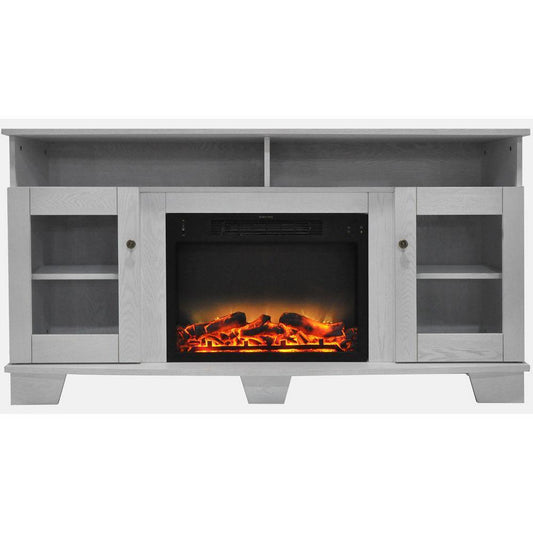Cambridge Fireplace Mantels and Entertainment Centers Cambridge Savona 59 In. Electric Fireplace in White with Entertainment Stand and Enhanced Log Display