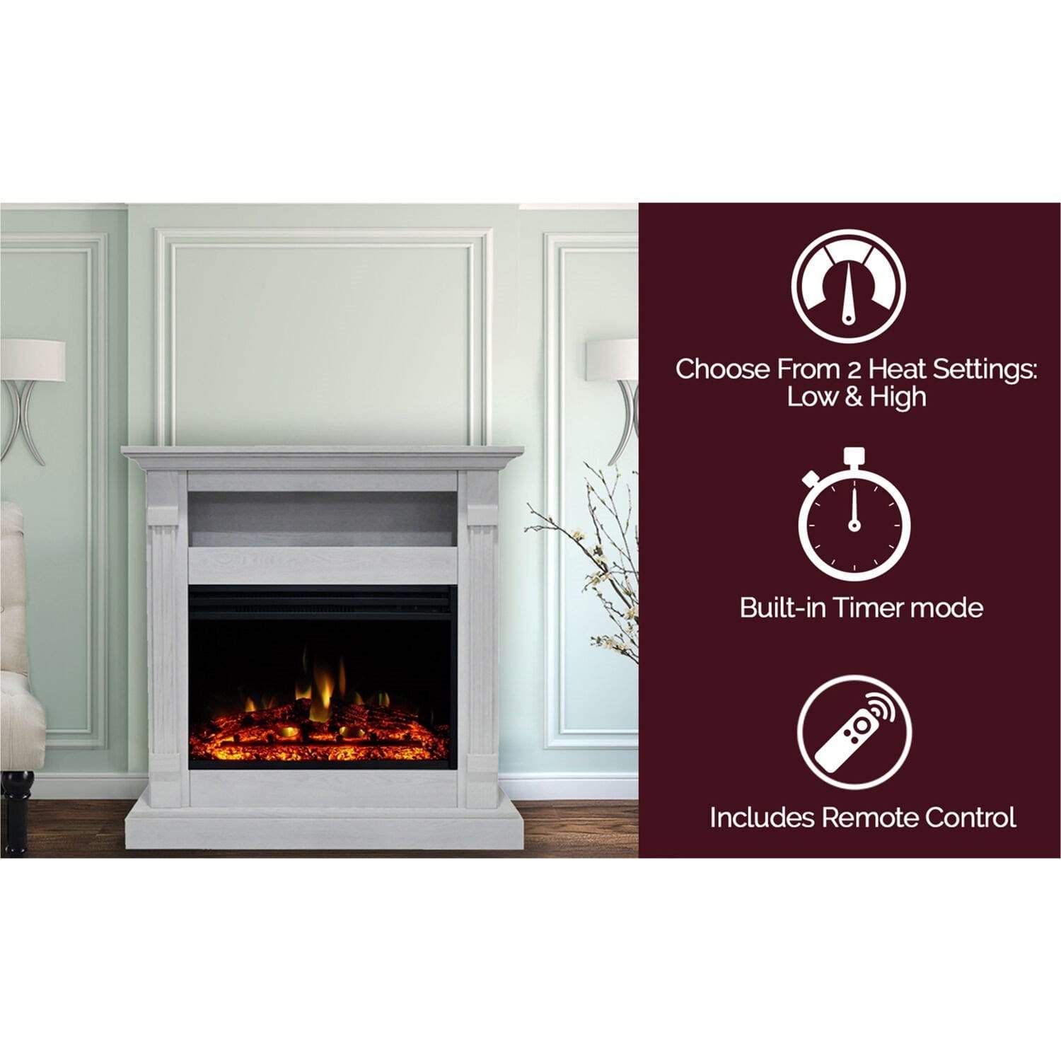 Cambridge Fireplace Mantels and Entertainment Centers Cambridge Sienna 34-In. Electric Fireplace Heater with Walnut Mantel, Enhanced Log Display, Multi-Color Flames, and Remote Control,