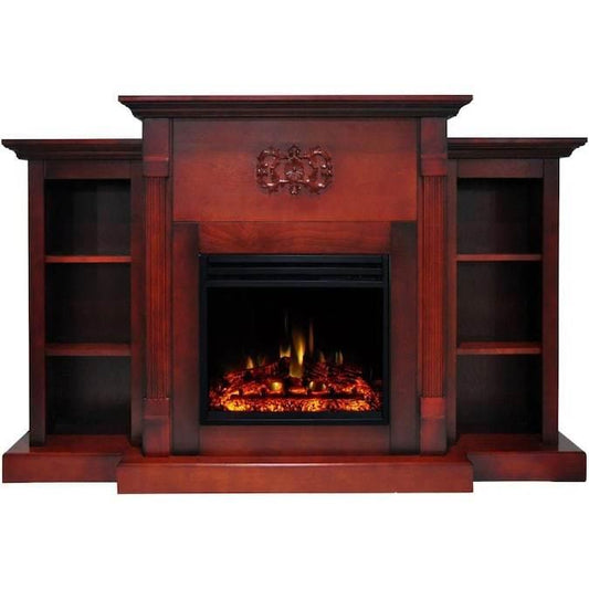 Cambridge Fireplace Mantels and Entertainment Centers Cherry Cambridge Sanoma Electric Fireplace Heater with 72-In. Cherry Mantel, Bookshelves, Enhanced Log Display, Multi-Color Flames, and Remote