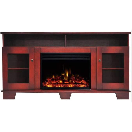 Cambridge Fireplace Mantels and Entertainment Centers Cherry Cambridge Savona Electric Fireplace Heater with 59-In. Cherry TV Stand, Enhanced Log Display, Multi-Color Flames, and Remote