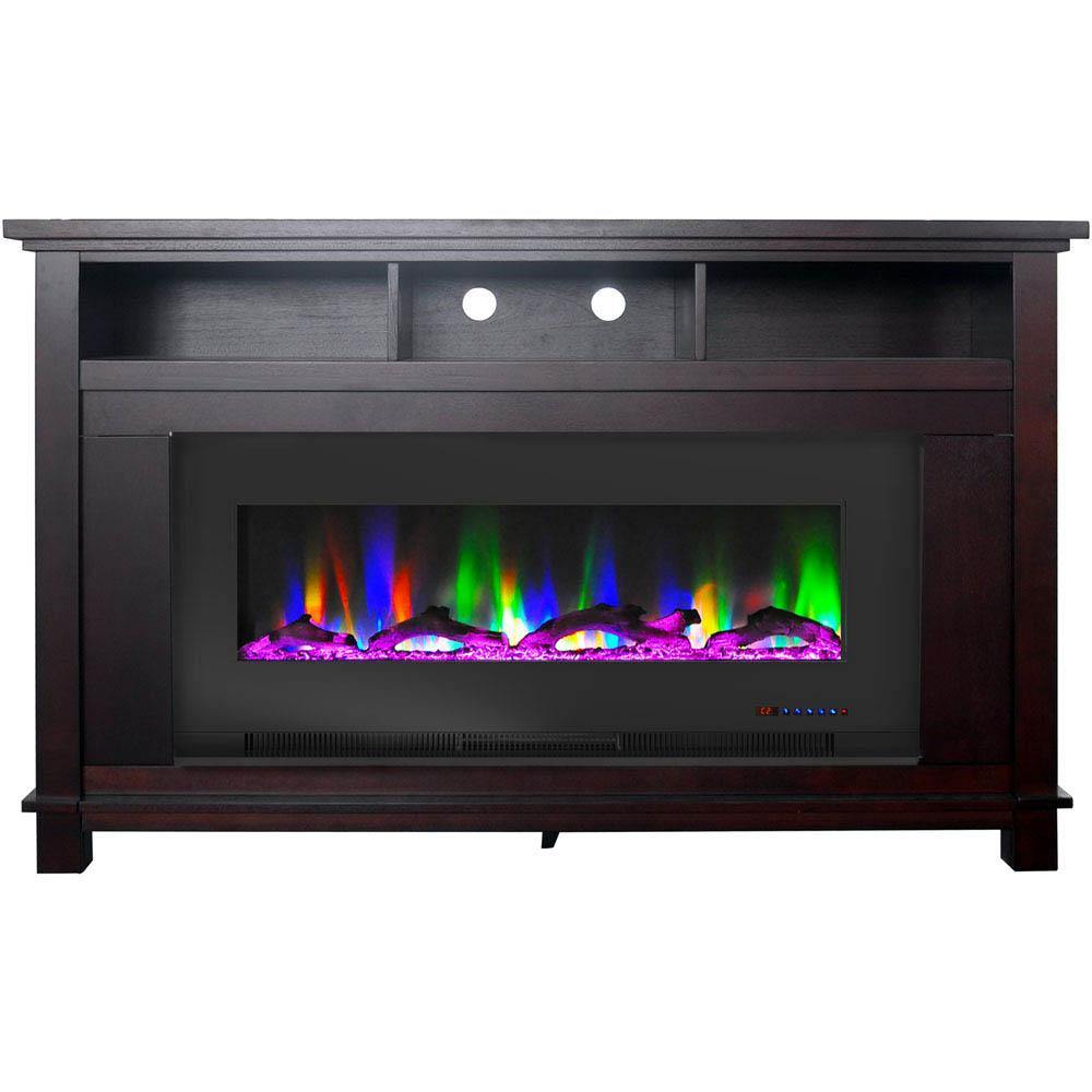 Cambridge Fireplace Mantels and Entertainment Centers Mahogany Cambridge San Jose Fireplace Entertainment Stand in Black with 50" Color-Changing Fireplace Insert and Driftwood Log Display,