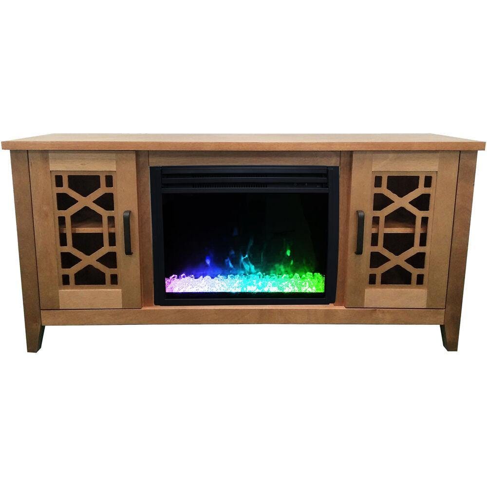 Cambridge Natural Wood 56-in. Stardust Mid-Century Modern Electric Fireplace with Deep Multi-Color Crystal Insert