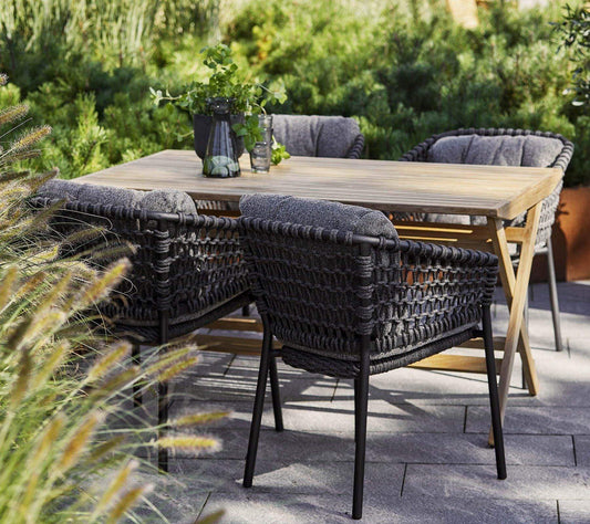 Cane-Line Denmark Outdoor Dining Set [Premium] Cane-Line - 7-Piece |  Flip folding table Outdoor Dining Set with Ocean Lounge Chair large | Teak | 50002T-4072