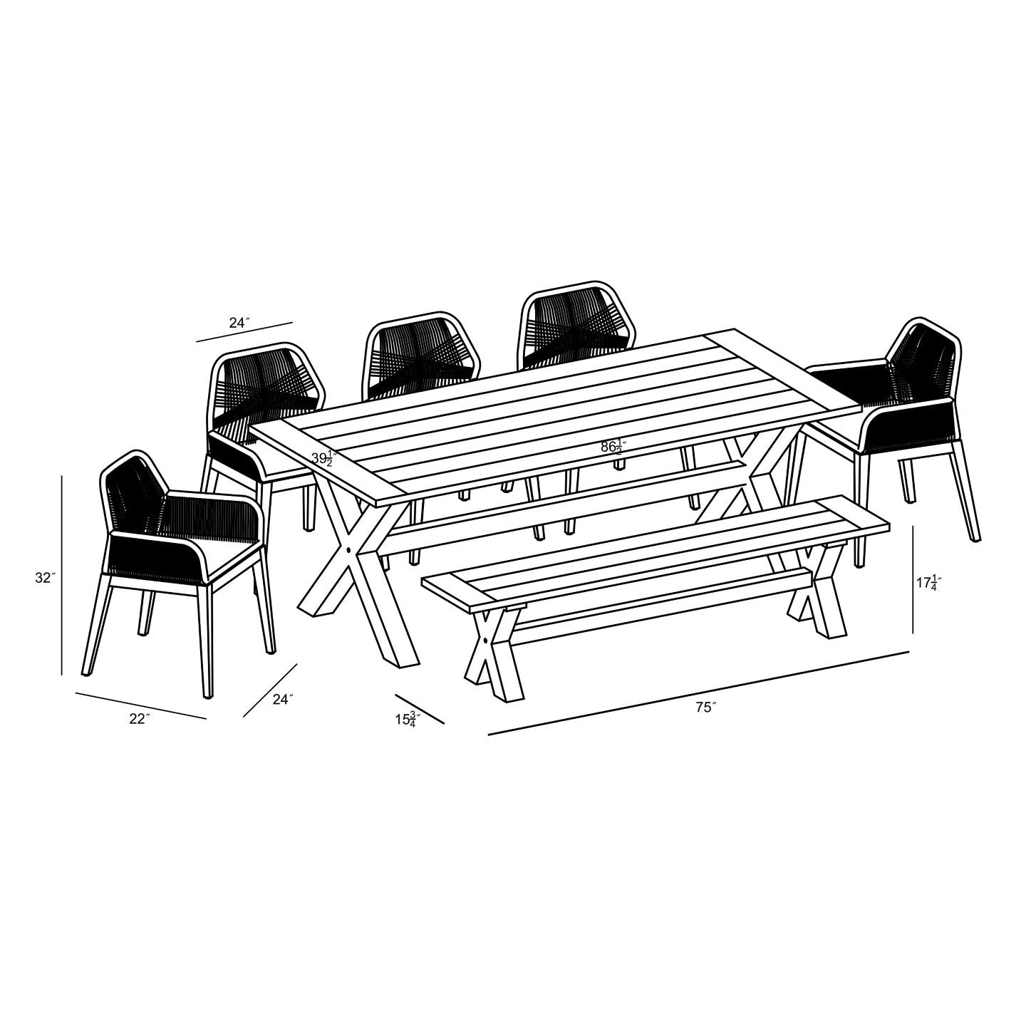 Harmonia Living - Carl Fields 8 Seat Reclaimed Teak and Rope Dining Set w/ Bench | CARL-TK-SET580
