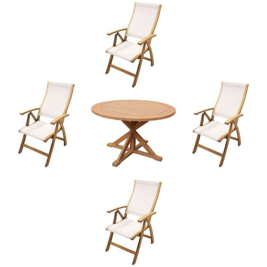 Courtyard Casual Courtyard Casual -  Heritage Teak Flag Leg 48" Dining Table with 4 Sling Recline Arm Chair 5 Piece Set | 5473