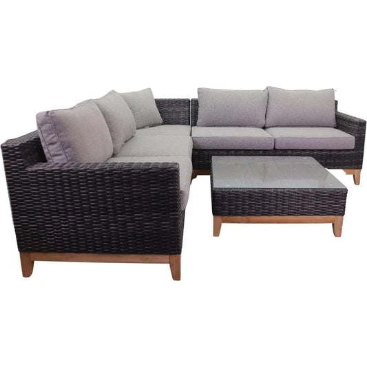 Courtyard Casual Courtyard Casual -  Maywood Silver Oak with Teak 4 Piece Sectional Set with 1 Left Loveseat, 1 Right Loveseat, 1 Corner Chair and 1 Coffee Table | 5852