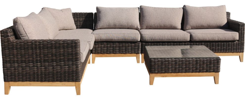 Courtyard Casual Courtyard Casual -  Maywood Silver Oak with Teak 5 Piece Sectional Set with 1 Left Loveseat, 1 Right Loveseat, 1 Corner Chair, 1 Armless Middle Extension Chair and 1 Coffee Table | 5854