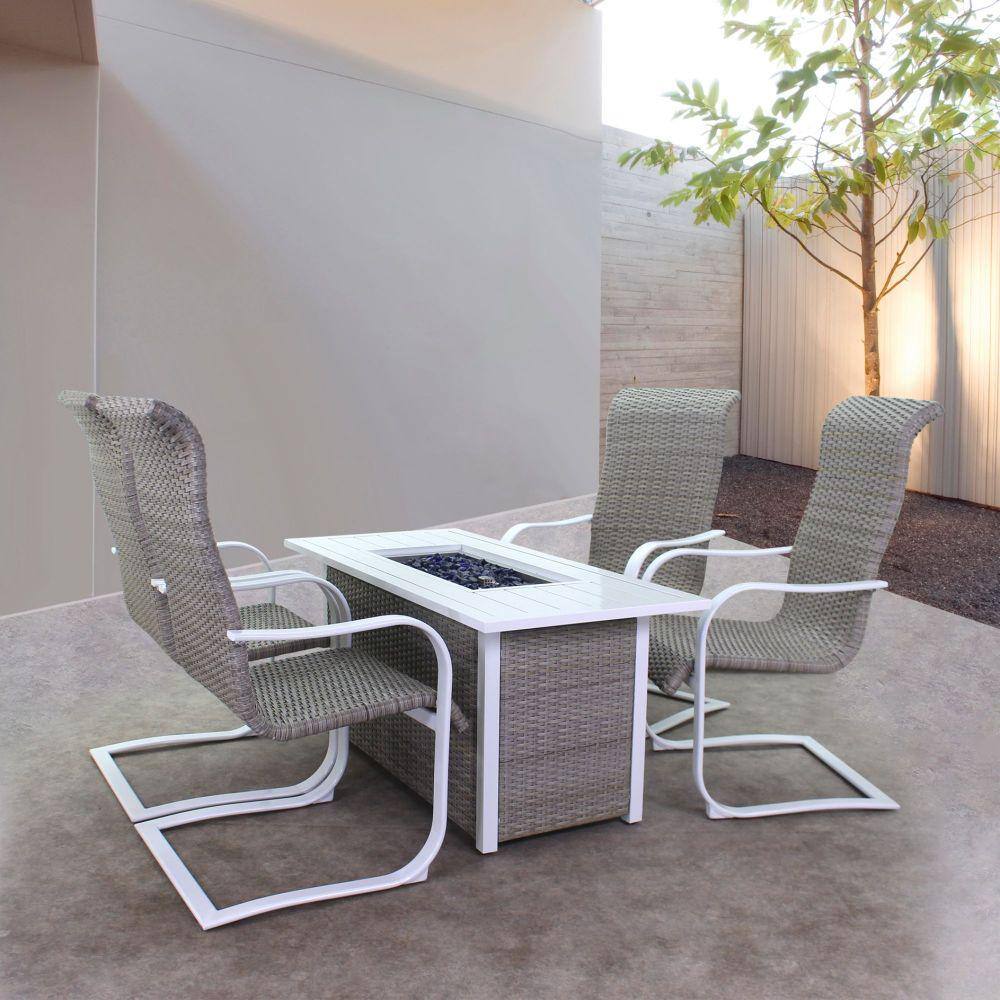Courtyard Casual Courtyard Casual -  Santa Fe 5 pc Fire Pit Set in White with 1 Rectangle Fire Pit and 4 Wicker Spring Chairs | 5631