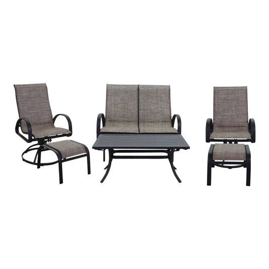 Courtyard Casual Courtyard Casual -  Santa Fe 6 pc Loveseat Glider Set in Java with 1 Loveseat Glider, 1 Coffee Table, 2 Sling Swivel Rockers and 2 Ottomans | 5687