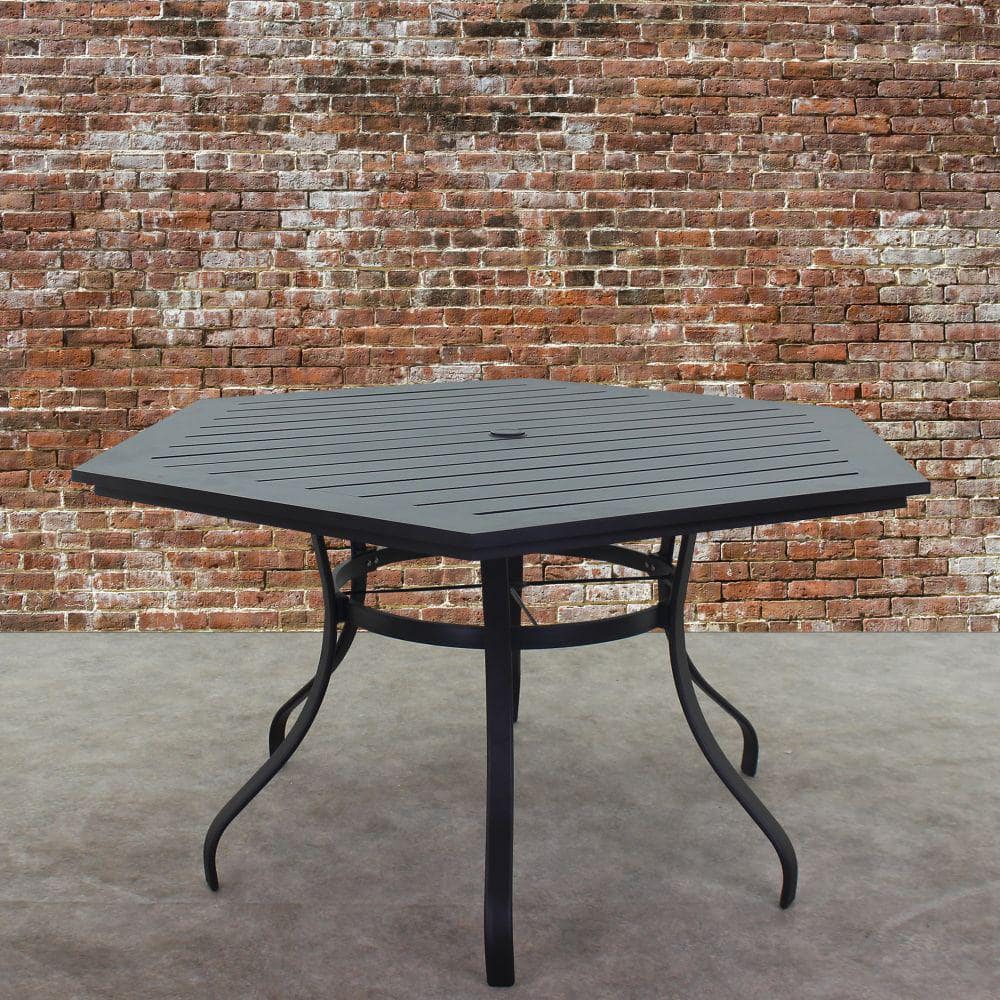 Courtyard Casual Courtyard Casual -  Santa Fe 60" Hexagon Aluminum Table with Slat Top and Umbrella Hole in Java | 5674